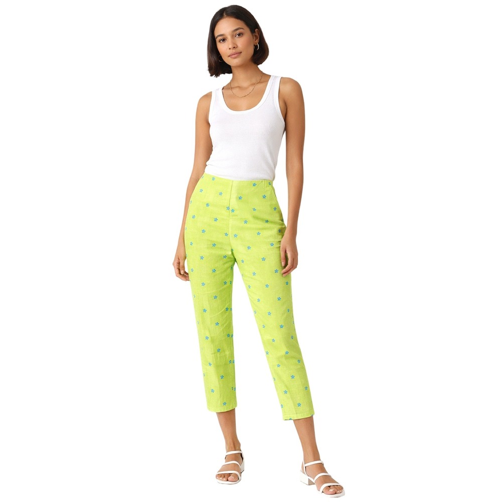 Sylvia Heisel Lime Green 100% Silk Floral‎ Embroidered Straight Leg Pants Size 8